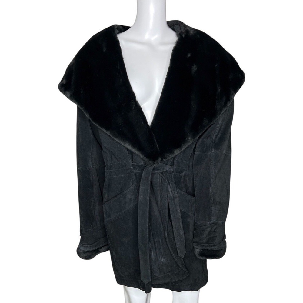 Wilsons Leather Wrap Coat Medium Black Suede Faux Fur Collar Belted‎ Y2K Gothic